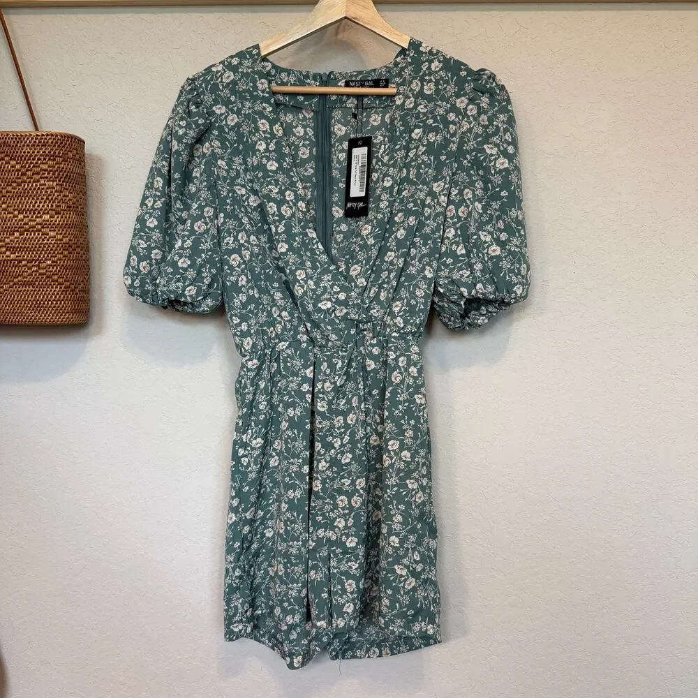 Women's Nasty Gal‎ Sage Green Floral Puff Sleeve Romper Size 4 NEW - Picture 7 of 10
